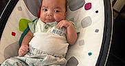 Jackson joined the competition — help win amazing prizes! baby, baby_chair, bouncer, brown_hair, child, clothing, colorful, eyes, face, furniture, happy, home, indoor, infant, outfit, patterned_blanket, polka_dots, portrait, sitting, smiling