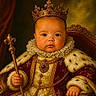 baby, child, royal, crown, scepter, throne, portrait, face, serious_expression, ornate_clothing, velvet, fur_trim, lace_collar, jewelry, medieval_style, regal, indoor, seated, painting_style, fantasy