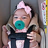 Bella joined the competition — help win amazing prizes! baby, child, car_seat, pacifier, pink_bow, headband, pink_dress, straps, safety, infant, cute, adorable, closeup, portrait, indoor, seatbelt, hand, face, infant_fashion, car_safety