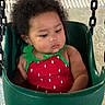 baby, chains, child, curly_hair, cute, fun, green_swing, leisure, outdoor, person, play, playground, portrait, red_clothing, seat, summer, swimsuit, swing, toddler, young_child