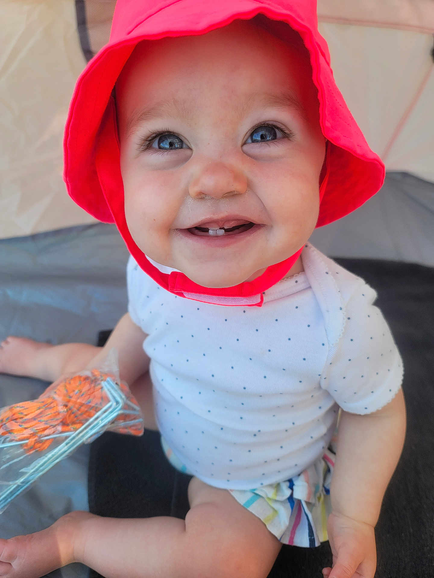 Valentina is registered to the contest to win money with this photo: baby, child, smiling, red_hat, blue_eyes, white_onesie, polka_dots, teeth, sitting, tent, indoor, holding_object, bright_colors, happy, cute, skin, infant, toy, closeup, portrait