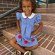 Maia joined the competition — help win amazing prizes! architecture, building, child, clothing, dress, face, female, footwear, handrail, happy, head, house, housing, person, photography, portrait, sandal, sitting, smile, staircase