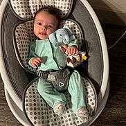 Zoe is registered to the contest to win money with this photo: baby, infant, onesie, baby_rocker, toy, elephant_toy, polka_dot, cushion, wooden_floor, happy, smiling, indoor, child, clothing, fabric, seat, comfort, cute, face, person