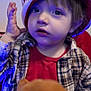 toddler, child, hat, plaid_shirt, red_shirt, plush_toy, indoor, portrait, blue_light, curious, young_child, face, hand, clothing, casual, expression, person, cute, soft_toy, holiday_hat