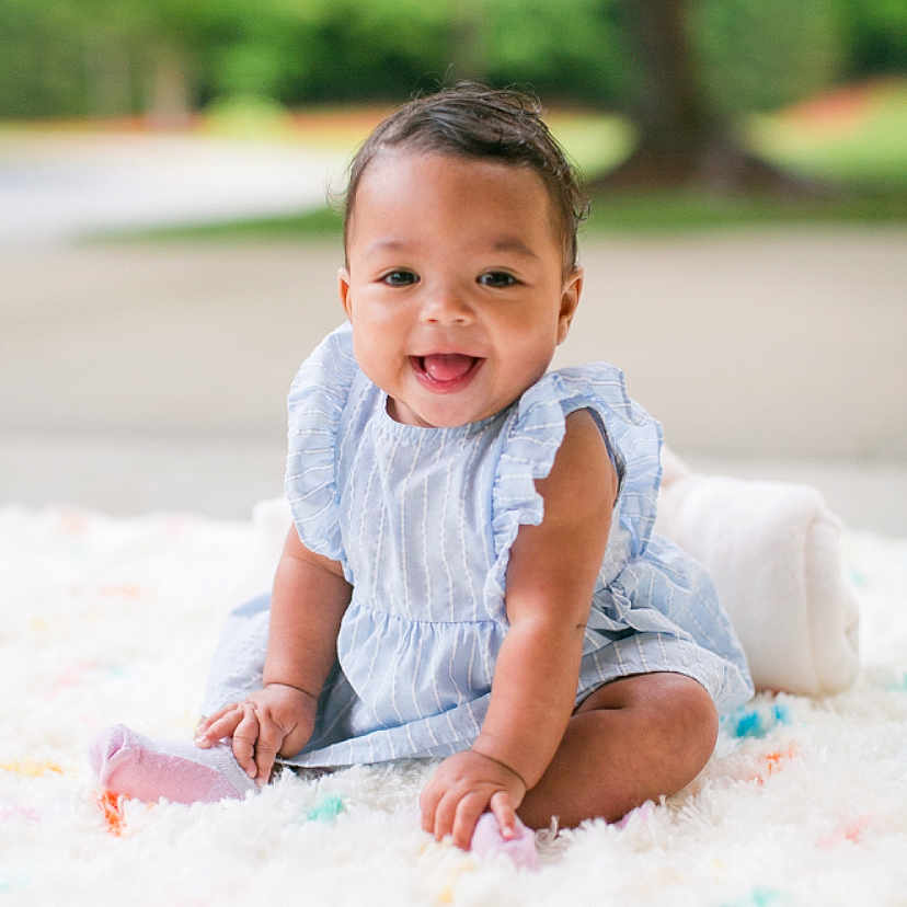 Isabella is registered to the contest to win money with this photo: baby, babylaughing, bodypart, clothing, crawling, dress, face, finger, hand, happy, head, laughing, mouth, newborn, pants, person, photography, portrait, sitting, smile
