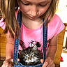Meowzers is registered to the contest to win money with this photo: child, girl, kitten, cat, denim, overalls, pink_shirt, indoor, cute, pet, animal, holding, looking_down, fluffy, young, casual_clothing, brown_hair, shorts, home, affectionate