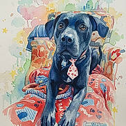 Colby is registered to the contest to win money with this photo: armchair, artwork, black_dog, collar, colorful, cozy, dog, floral_pattern, heart_tie, indoor, large_eyes, neck_tie, paint_splatter, painting, patterned_blanket, paws, pet, portrait, rope_toy, watercolor