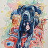 armchair, artwork, black_dog, collar, colorful, cozy, dog, floral_pattern, heart_tie, indoor, large_eyes, neck_tie, paint_splatter, painting, patterned_blanket, paws, pet, portrait, rope_toy, watercolor
