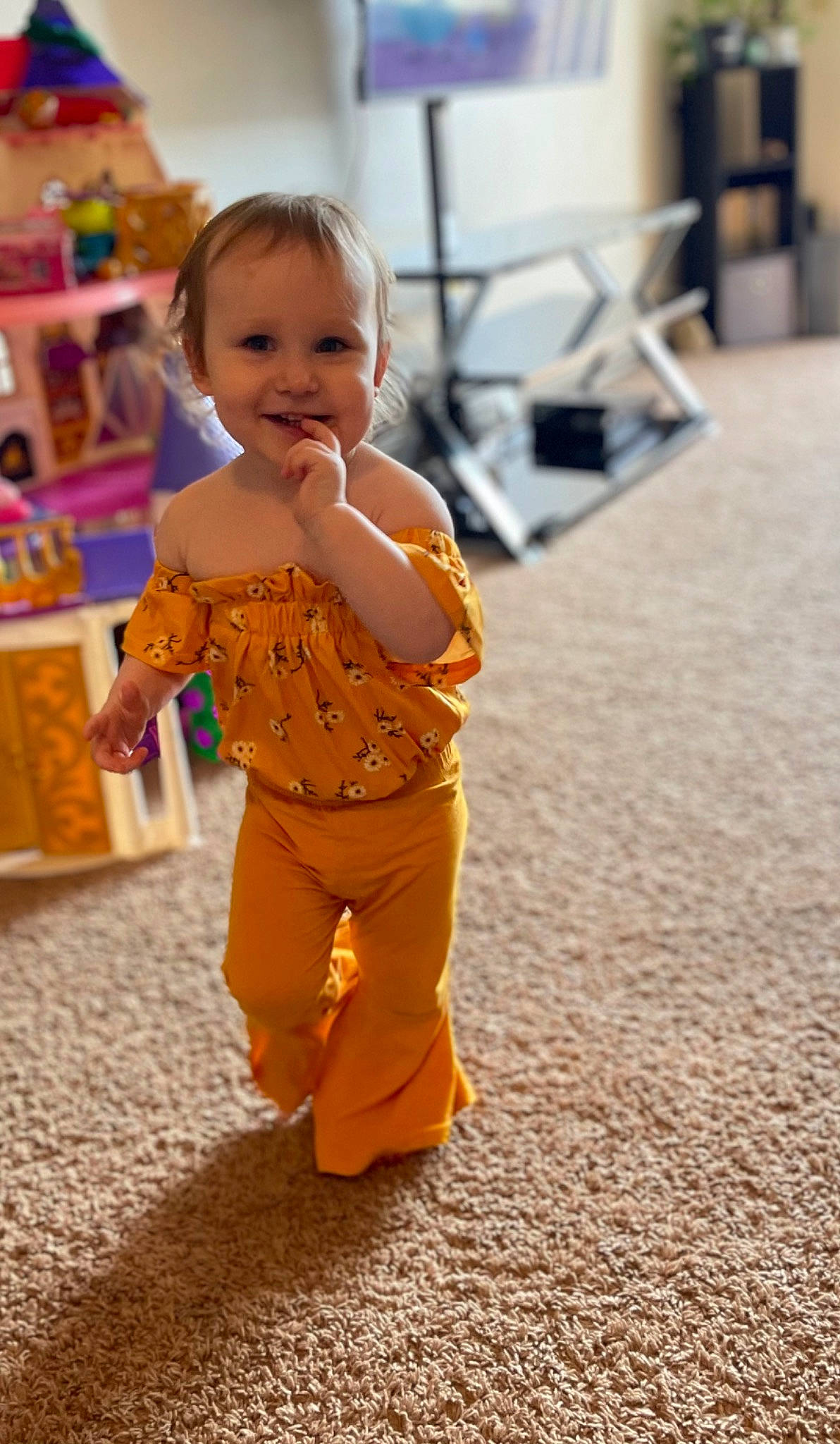Gracelynn joined the competition — help win amazing prizes! baby, baby_toddler_clothing, child, costume, event, eye, face, fashion_design, floor, flooring, hair, happy, head, joy, leisure, orange, person, skin, sleeve, smile