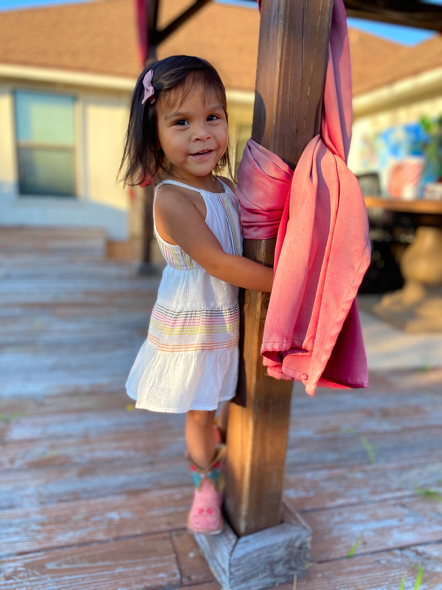 Selena joined the competition — help win amazing prizes! child, city, dress, fun, hair, hand, happy, hardwood, head, human_leg, joy, leisure, magenta, person, pink, skin, smile, street_fashion, temple, toddler