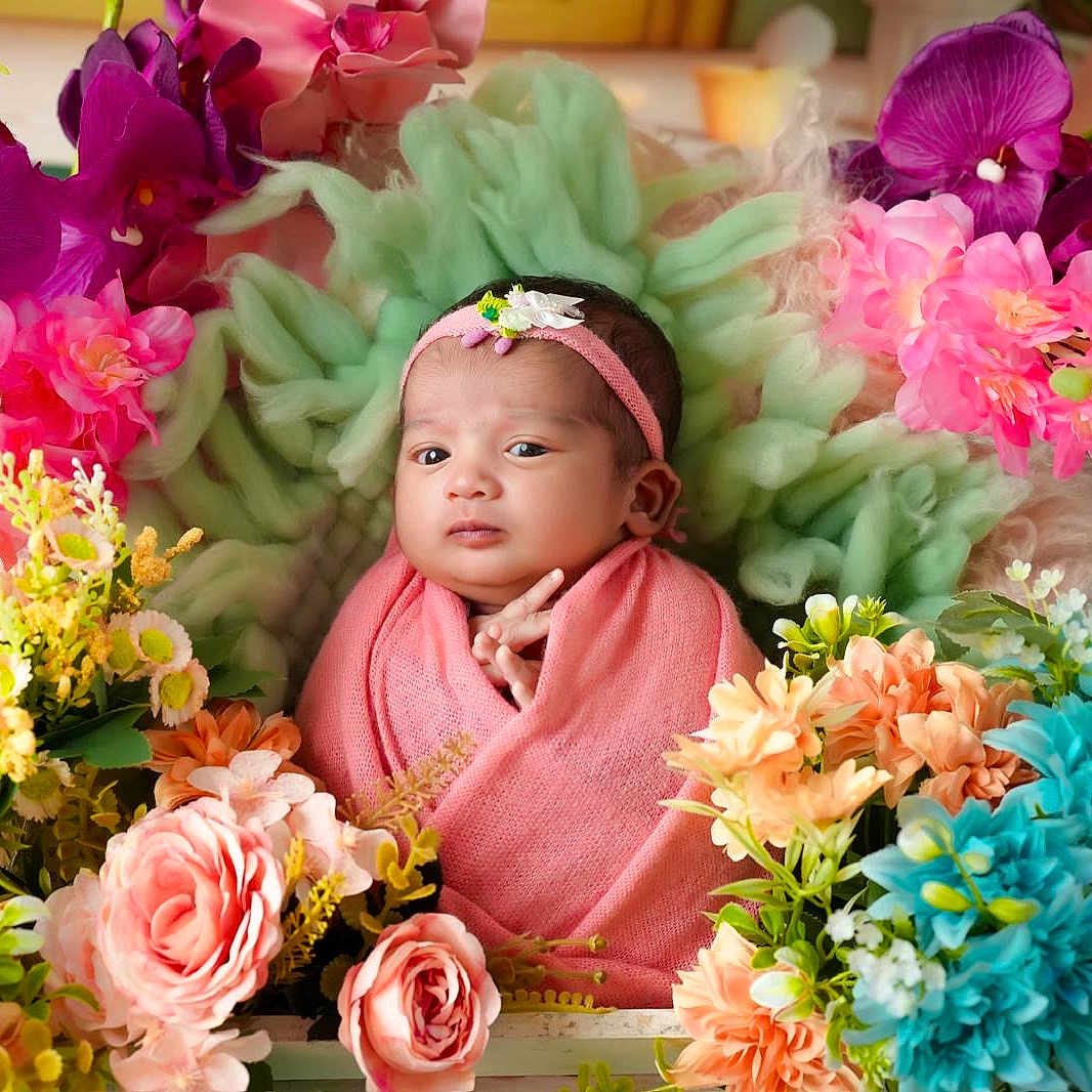 Neave joined the competition — help win amazing prizes! baby, baby_face, child, closeup, colorful_flowers, cute, decorative, floral, flower_arrangement, green_backdrop, headband, indoors, infant, newborn, peaceful, pink_blanket, portrait, soft_texture, still_life, wrapped