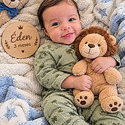 éden is registered to the contest to win money with this photo: baby, bed, blanket, brown_hair, child, cozy, face, feet, green_outfit, hands, happy, indoor, infant, lying_down, milestone_sign, portrait, smiling, stuffed_animal, teddy_bear, three_months