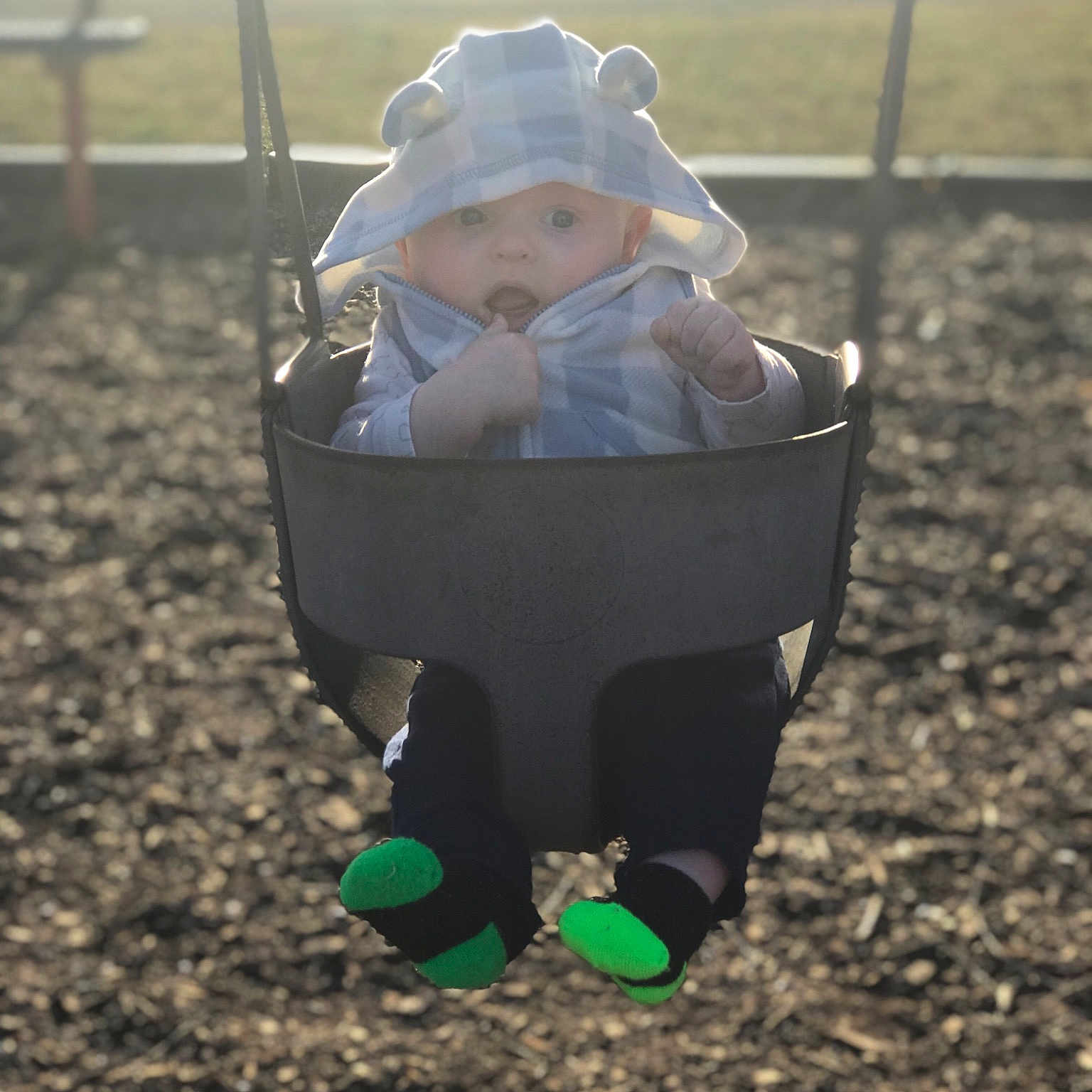 Timmy is registered to the contest to win money with this photo: child, fun, grass, outdoor_play_equipment, play, playground, public_space, sky, smile, soil, sunlight, swing, toddler, tree