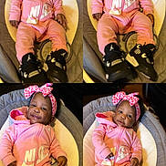 Amirirose is registered to the contest to win money with this photo: baby, baby_seat, black_shoes, bow, child, clothing, collage, cushion, cute, fashion, footwear, happy, headband, indoors, infant, nike, pink_outfit, portrait, smiling, sneakers