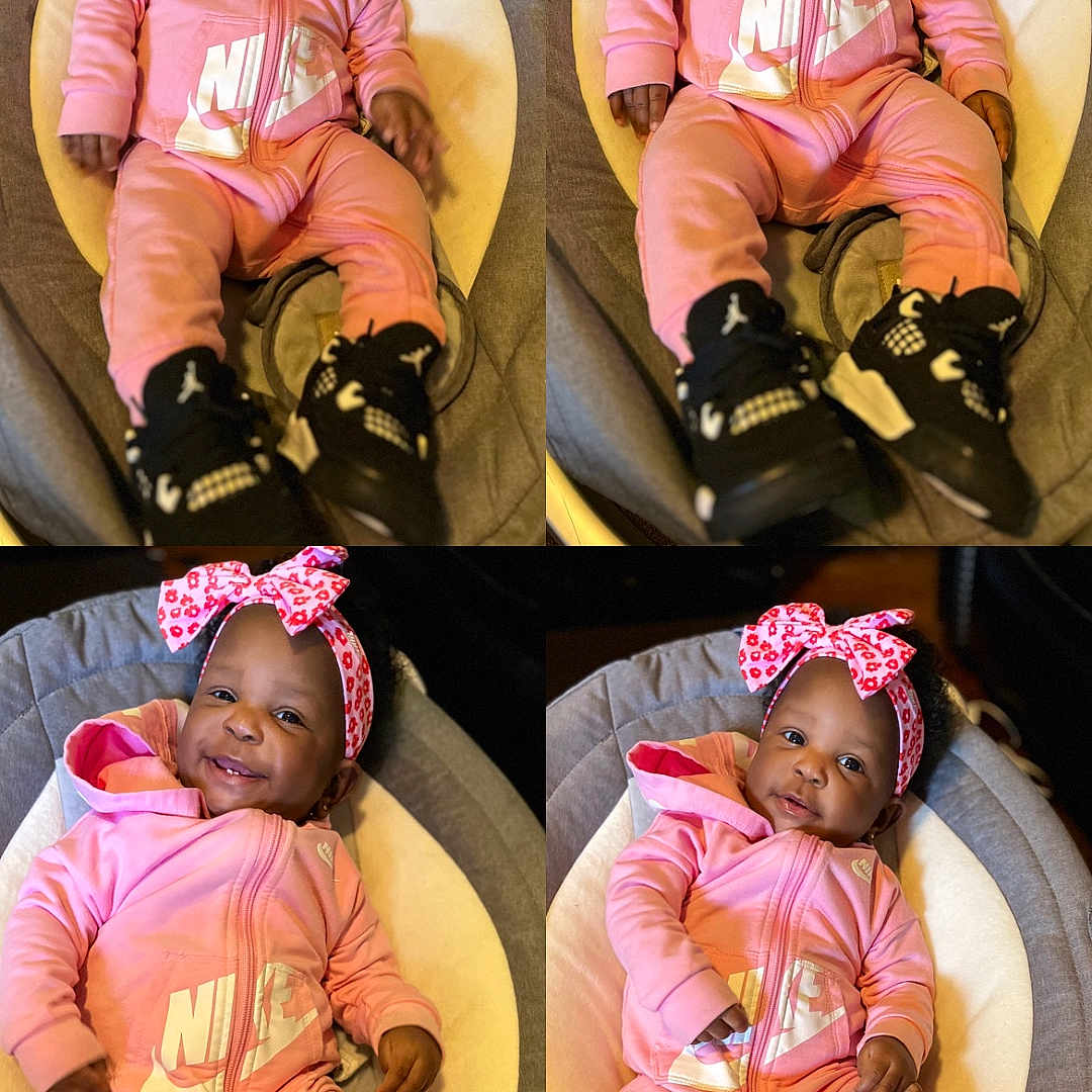 Amirirose is registered to the contest to win money with this photo: baby, baby_seat, black_shoes, bow, child, clothing, collage, cushion, cute, fashion, footwear, happy, headband, indoors, infant, nike, pink_outfit, portrait, smiling, sneakers