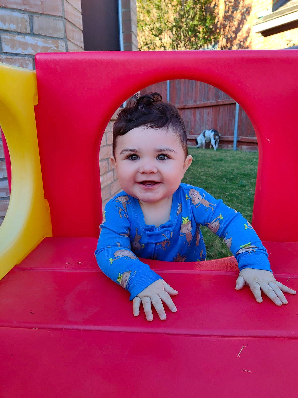 Myles is registered to the contest to win money with this photo: baby_toddler_clothing, child, facial_expression, fun, grass, happy, head, human_settlement, joy, leisure, magenta, person, pink, plant, playground, public_space, recreation, red, sleeve, smile