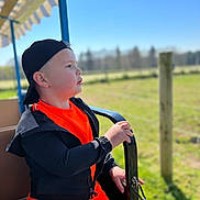 Melvyn a rejoint le concours — aidez-le/la à gagner de superbes lots ! bench, boy, cap, casual_wear, child, daylight, fence, grass, greenery, handrail, hat, jacket, nature, orange_clothing, outdoor, portrait, profile, seat, summer, sunlight