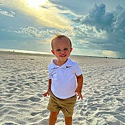 Tate is registered to the contest to win money with this photo: child, toddler, beach, sand, sunlight, clouds, sky, smile, barefoot, shorts, polo_shirt, outdoor, summer, sun, happy, vacation, nature, standing, portrait, casual_clothing