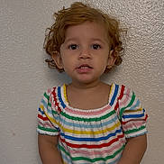 Alaia joined the competition — help win amazing prizes! adult_hands, beige_wall, casual, child, colorful_clothing, curly_hair, cute, expression, hands, human, indoor, looking_at_camera, person, portrait, short_sleeves, smiling, standing, striped_shirt, toddler, young_child