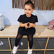 Ayline participe au concours pour gagner de l'argent avec cette photo : toddler, child, black_dress, white_shoes, sitting, bench, cubicles, storage_bins, wood_floor, wooden_furniture, indoor, smiling, happy, portrait, cute, face, hands, hair_bun, wall_decor, plastic_trash_can
