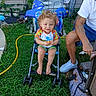 child, toddler, curly_hair, smiling, stroller, outdoor, garden, grass, garden_hose, patio, adult, family, colorful_clothing, shorts, snack, seated, portrait, backyard, plants, daylight