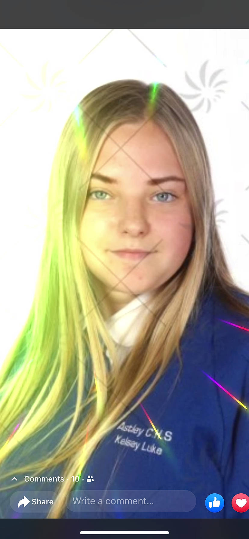 Kelsey is registered to the contest to win money with this photo: bangs, blond, cheek, chin, cool, electric_blue, eyebrow, eyelash, forehead, fun, happy, iris, jacket, joy, layered_hair, lip, long_hair, mouth, person, smile