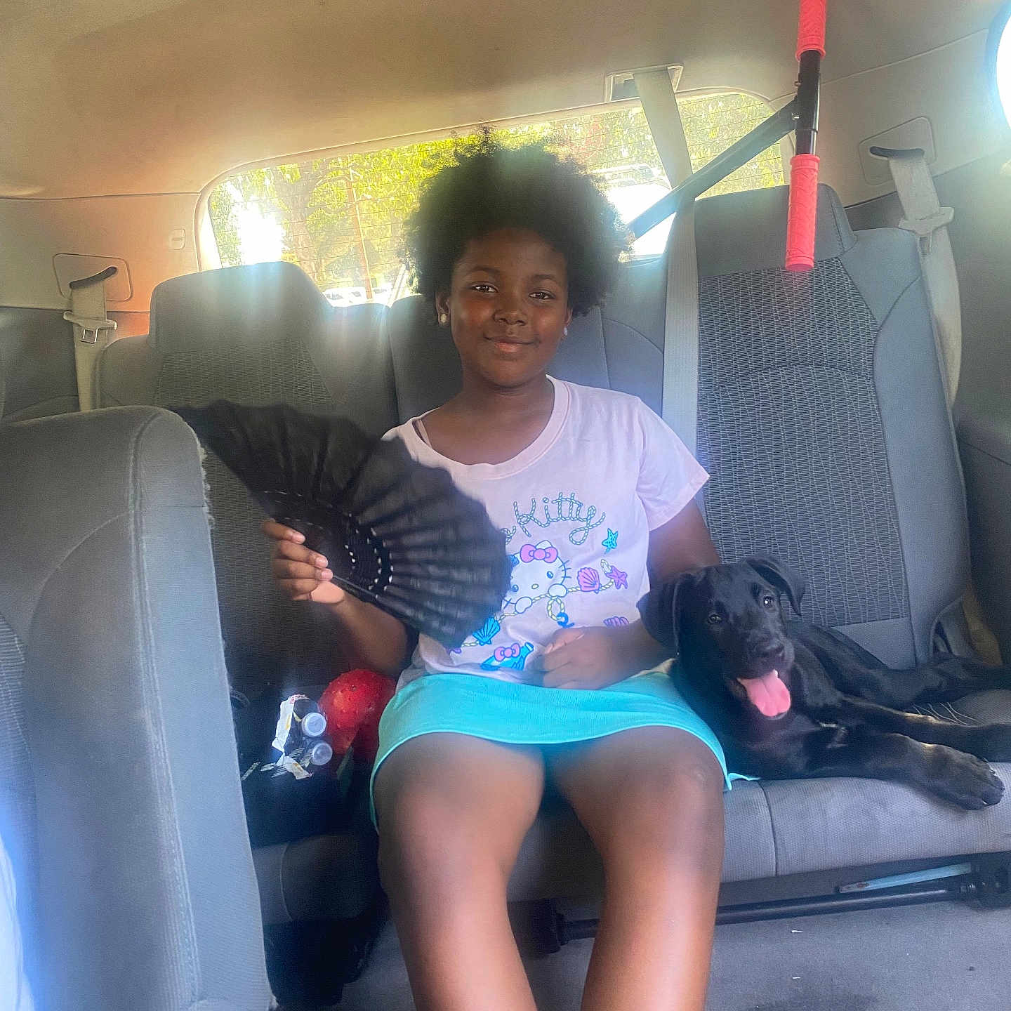 Khimora is registered to the contest to win money with this photo: afro_hair, black_dog, car_interior, car_seat, casual_clothing, child, dog, fan, girl, hello_kitty, pet, relaxed, seatbelt, skirt, smiling, summer, sunlight, tongue_out, tshirt, window