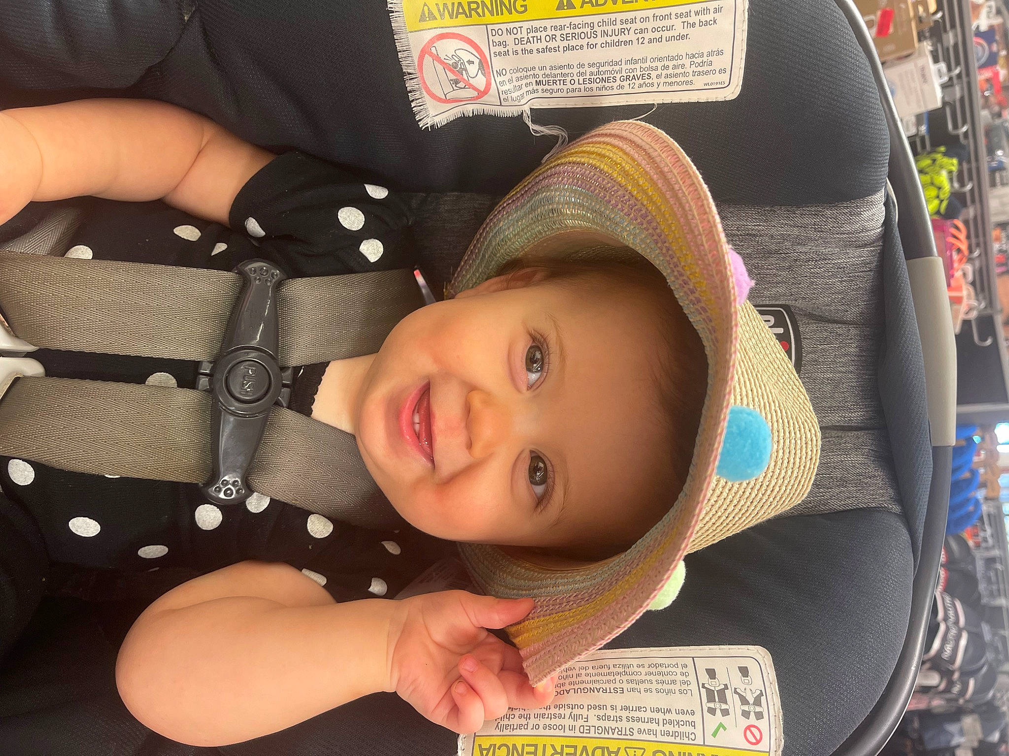 Mckenna is registered to the contest to win money with this photo: auto_part, baby, baby_products, baby_toddler_clothing, cap, cheek, child, eye, fashion_accessory, finger, happy, hat, headgear, headwear, joy, lip, person, product, sleeve, smile