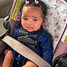 Mylasia is registered to the contest to win money with this photo: baby, blue_clothing, car_interior, car_seat, child, closeup, curly_hair, cute, expression, hair_clips, indoors, infant, person, pink, portrait, safety, seat, seatbelt, socks, toddler