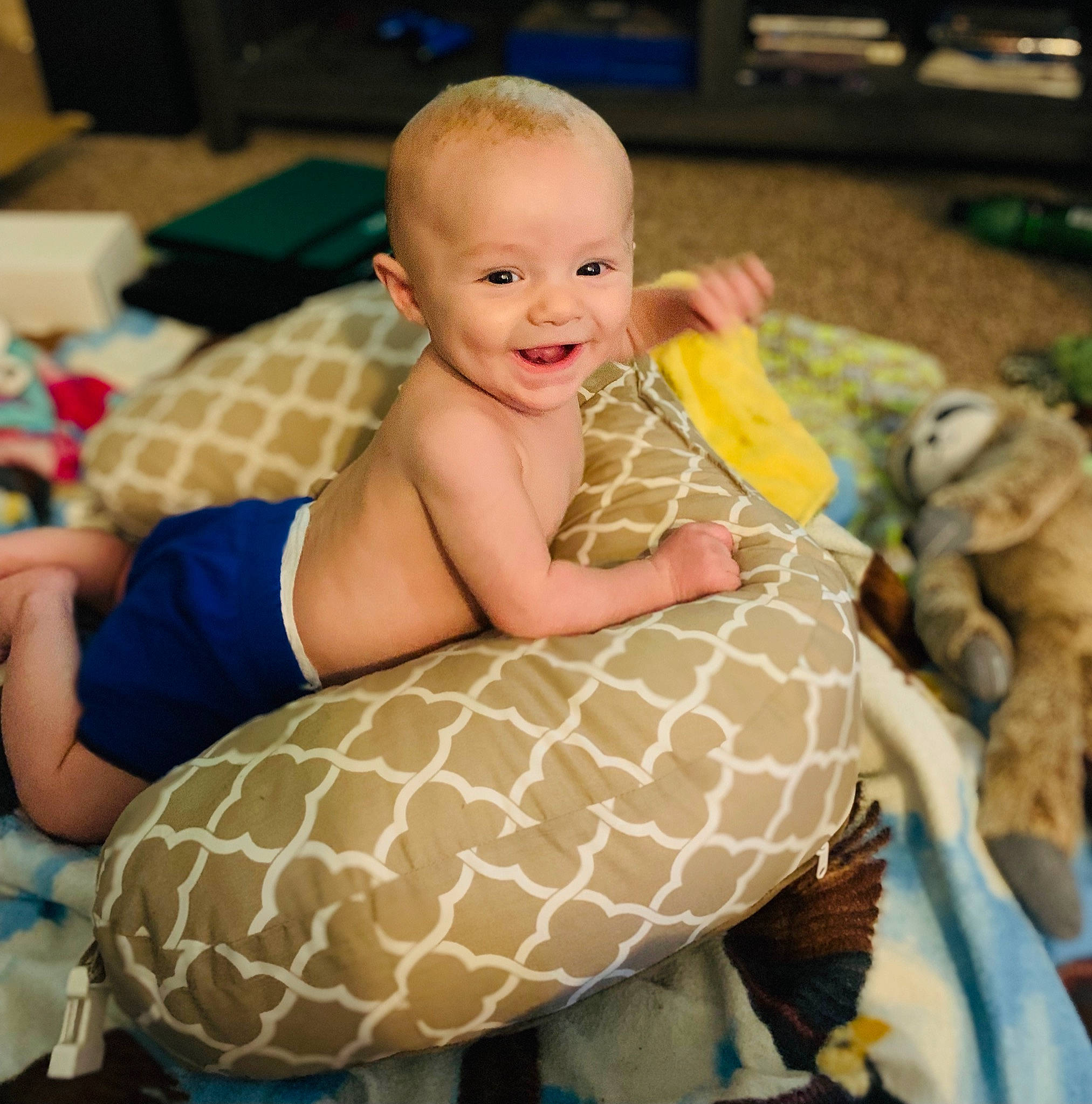 Anduin joined the competition — help win amazing prizes! baby, baby_products, baby_toddler_clothing, child, comfort, face, fun, happy, head, human_leg, leisure, linens, mammal, pattern, person, product, sitting, smile, thigh, toddler
