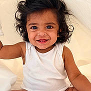Dheera joined the competition — help win amazing prizes! baby, child, smiling, curly_hair, white_onesie, sitting, portrait, cute, happy, infant, face, skin, arm, indoors, light_background, baby_toddler, person, young_child, expression, closeup