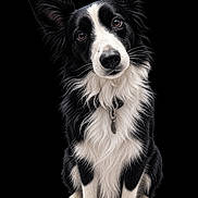 Saphir participe au concours pour gagner de l'argent avec cette photo : border_collie, dog, black_and_white, sitting, portrait, long-haired, fluffy, pet, canine, animal, ears, brown_eyes, nose, collar, tag, chest, paws, studio_lighting, black_background, digital_art