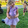 child, girl, boy, dress, purple, smile, play, grass, outdoor, sunny, suburb, tree, house, sidewalk, barefoot, footwear, happy, summer, kid, fun