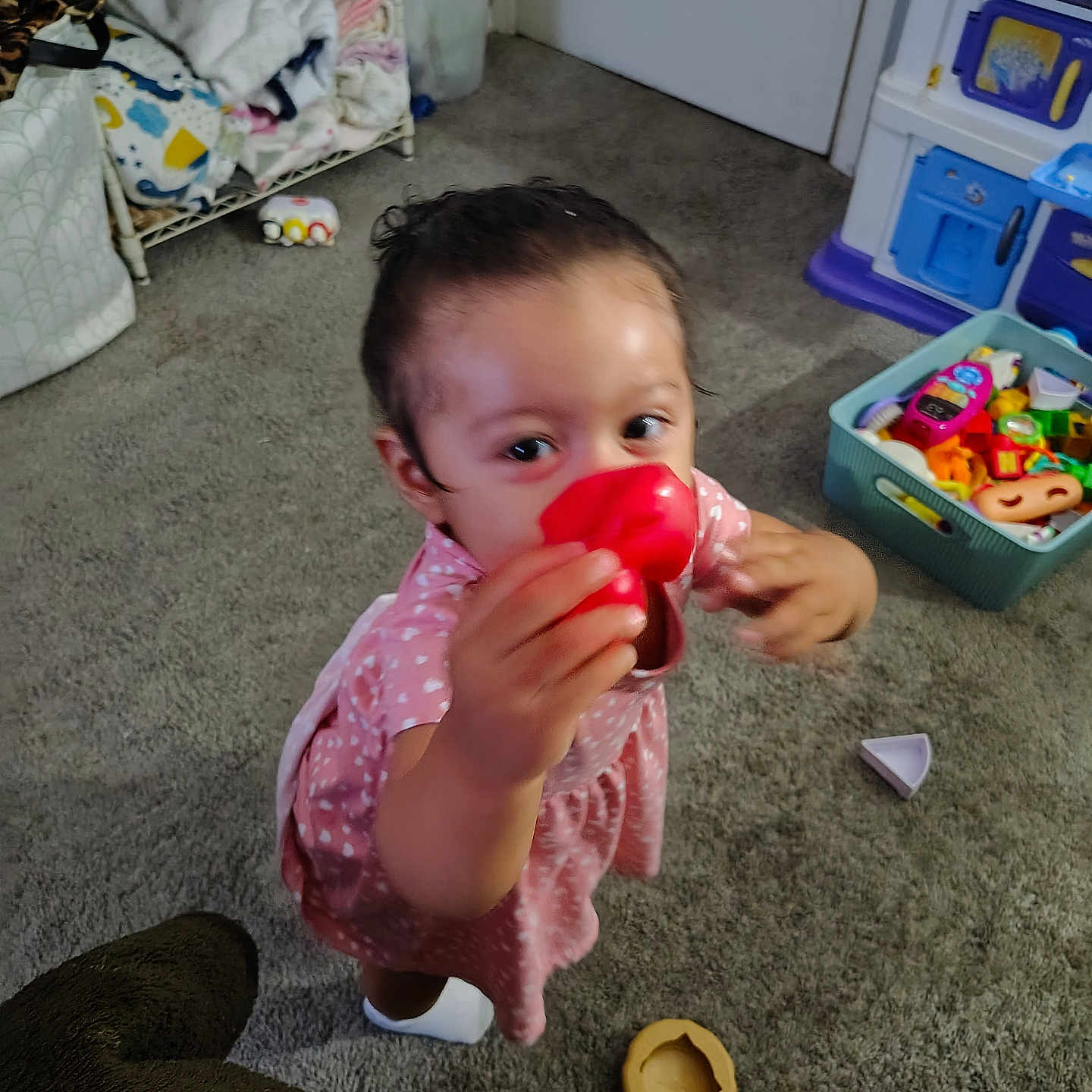 Gianna Renae Mcclure is registered to the contest to win money with this photo: carpet, child, clothing, curious, face, floor, furniture, hand, home, indoor, person, pink_dress, play_kitchen, playtime, red_toy, socks, storage_bin, toddler, toy, young_child