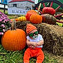 Luka is registered to the contest to win money with this photo: baby, pumpkin, grass, hay_bale, flowers, sunglasses, orange_clothing, barefoot, fall, autumn, farm, sign, wheel, greenery, outdoor, child, cute, nature, seasonal, holiday