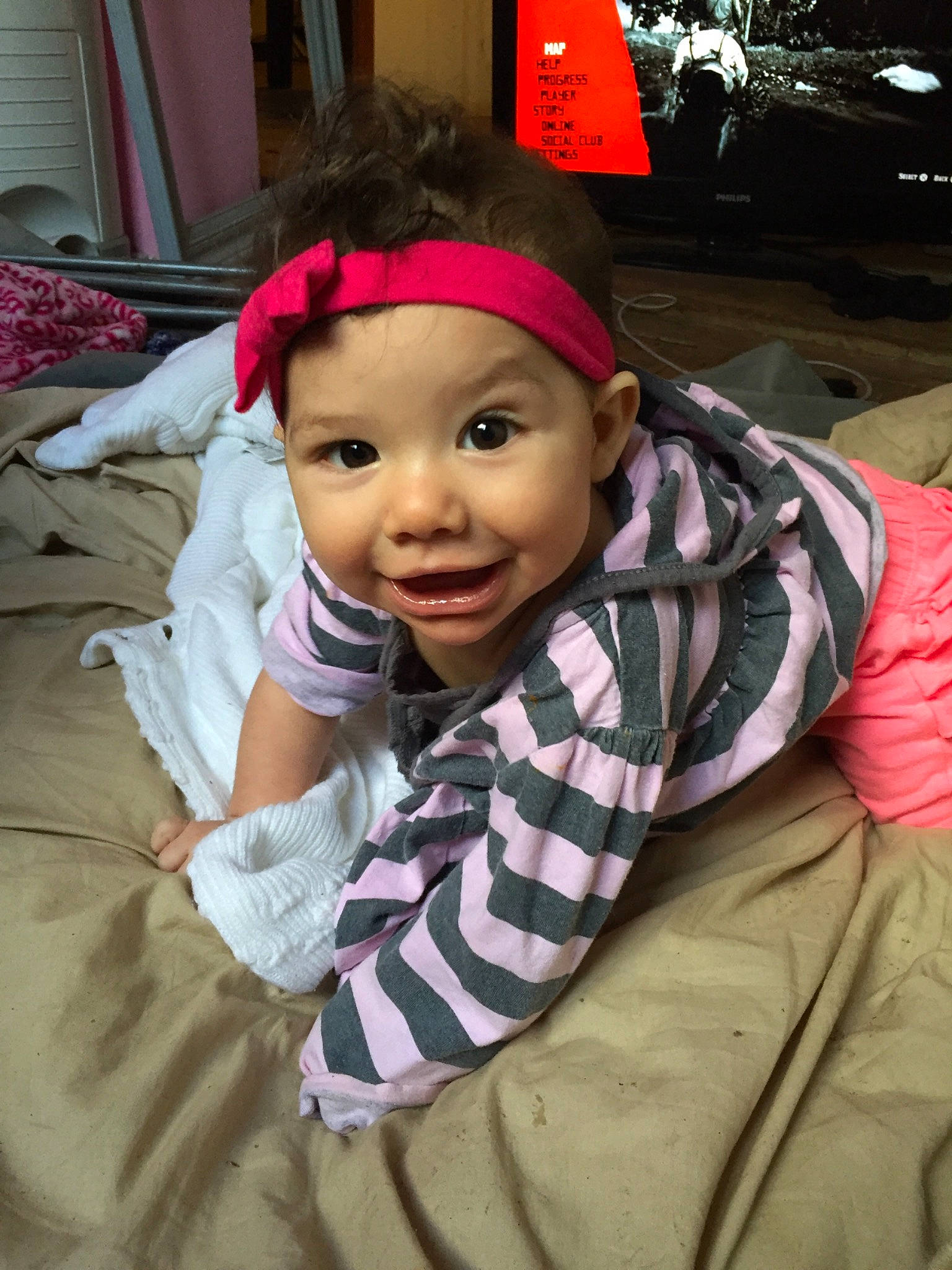 Celine joined the competition — help win amazing prizes! baby, cheek, child, forehead, hair_accessory, headband, headgear, person, pink, skin, smile, toddler