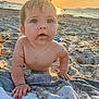baby, child, beach, sand, sunset, towel, sea, water, sun, outdoor, portrait, curious, crawling, bare_chest, summer, vacation, nature, people, silhouette, sky