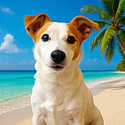 Dana a rejoint le concours — aidez-le/la à gagner de superbes lots ! dog, beach, tropical, ocean, sand, palm_tree, sky, cloud, sunny, canine, pet, nature, outdoor, vacation, summer, animal, portrait, cute, relaxation, holiday