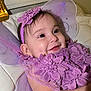 baby, infant, purple, lace, flower, headband, wings, smile, happy, closeup, face, child, costume, fairy, cute, portrait, lying_down, soft, indoors, toddler