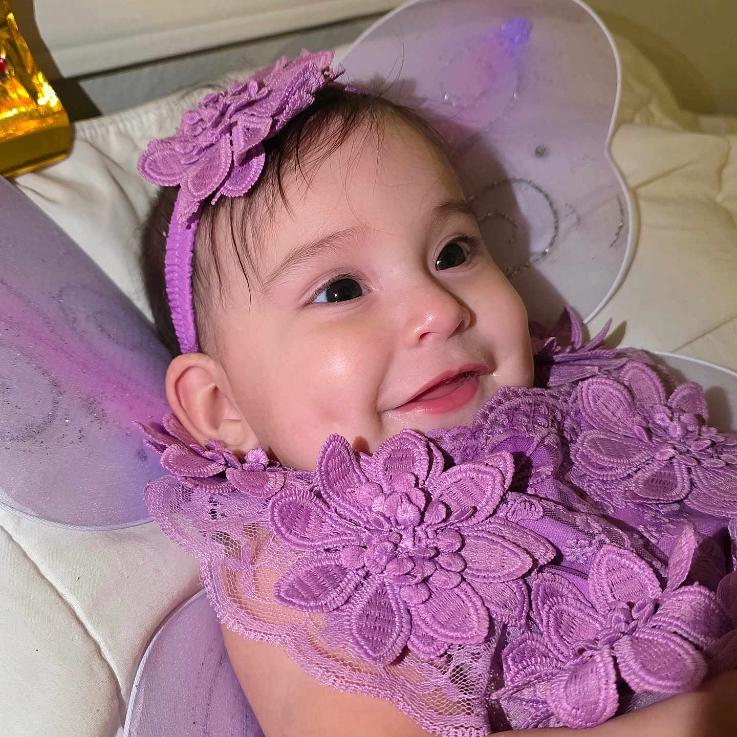Stefany joined the competition — help win amazing prizes! baby, child, closeup, costume, cute, face, fairy, flower, happy, headband, indoors, infant, lace, lying_down, portrait, purple, smile, soft, toddler, wings