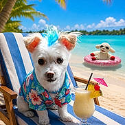 Hector joined the competition — help win amazing prizes! beach, beach_chair, blue_mohawk, cocktail, dog, fruit_drink, hawaiian_shirt, inflatable_float, ocean, palm_trees, portrait, sand, sheep, small_dog, sunny, tropical, turquoise_water, umbrella, vacation, white_fur