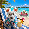 beach, beach_chair, blue_mohawk, cocktail, dog, fruit_drink, hawaiian_shirt, inflatable_float, ocean, palm_trees, portrait, sand, sheep, small_dog, sunny, tropical, turquoise_water, umbrella, vacation, white_fur