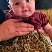 Brenna is registered to the contest to win money with this photo: apparel, baby, bow, child, closeup, clothing, cute, face, fashion, hands, headband, indoor, infant, leopard_print, person, portrait, skin, skirt, smiling, toddler