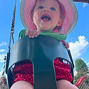 Memphis is registered to the contest to win money with this photo: baby, child, swing, playground, outdoor, sunhat, polka_dot, red_clothing, happy, smiling, blue_sky, clouds, greenery, legs, hand, metal_chain, play_equipment, daytime, park, fun