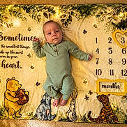 Anthony is registered to the contest to win money with this photo: baby, infant, blanket, winnie_the_pooh, onesie, green_clothing, numbers, months, heart_shape, fairy_lights, cartoon_characters, leaves, butterflies, milestone, cute, lying_down, indoor, soft_texture, child, portrait