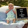Anthony is registered to the contest to win money with this photo: baby, infant, basket, blanket, letter_board, outdoor, greenery, sunlight, clothing, cute, portrait, child, sitting, expression, fabric, wood, summer, newborn, cozy, casual