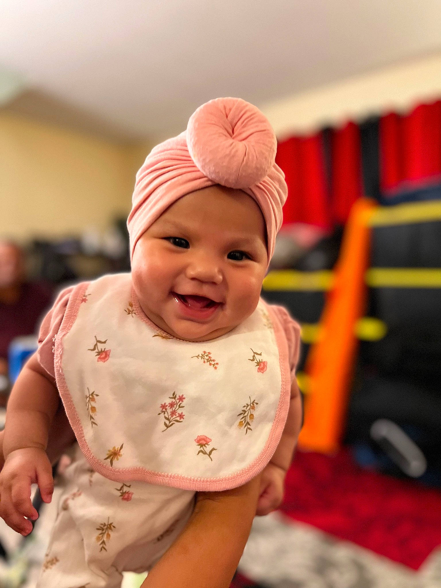 Nevaeh joined the competition — help win amazing prizes! baby, baby_toddler_clothing, cap, cheek, child, face, fun, happy, head, headgear, headwear, laugh, mouth, peach, person, pink, portrait_photography, room, skin, sleeve