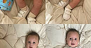 Taimanarii participe au concours pour gagner de l'argent avec cette photo : baby, bedding, bee_illustration, blanket, book, child, collage, cute, hands, indoor, infant, legs, onesie, portrait, relaxed, smiling, sneakers, socks, white_clothing, wide_eyes