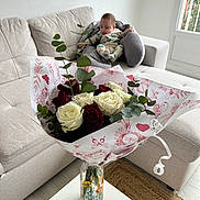 Taimanarii a rejoint le concours — aidez-le/la à gagner de superbes lots ! baby, baby_lounger, bouquet, coffee_table, couch, cushion, eucalyptus, floral_wrapping, home_interior, infant, light_wood_floor, living_room, red_rose, roses, rug, sofa, vase, white_rose, window, wrapping_paper