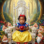 Blessing is registered to the contest to win money with this photo: animated_characters, apple, child, costume, cute, dress, dwarfs, fairy_tale, fantasy, flowers, forest, magic, portrait, red_bow, smile, snow_white, sparkles, sunlight, throne, trees
